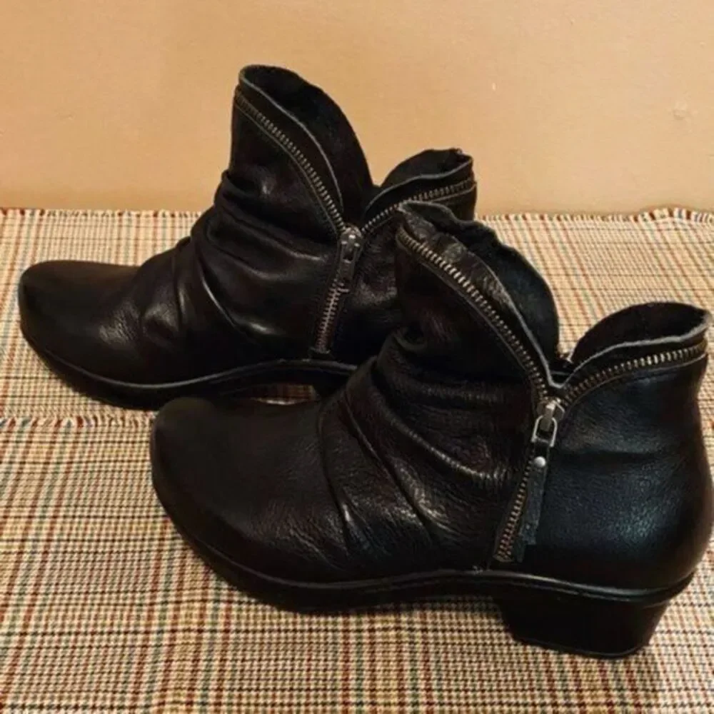 ABEO Pro Black Leather Ankle Boots with Side Zip Ruched Design Comfort Booties 7